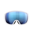 Eine POC Sports Fovea Schwimmbrille mit weißem Rahmen und blau getönten, reflektierenden Clarity-Gläsern, dargestellt von vorne vor einem schlichten weißen Hintergrund.