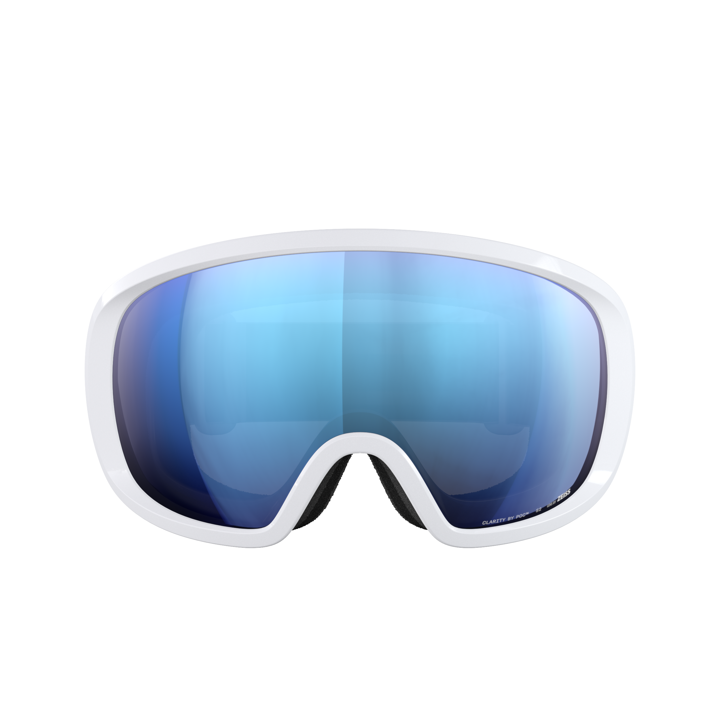 Eine POC Sports Fovea Schwimmbrille mit weißem Rahmen und blau getönten, reflektierenden Clarity-Gläsern, dargestellt von vorne vor einem schlichten weißen Hintergrund.