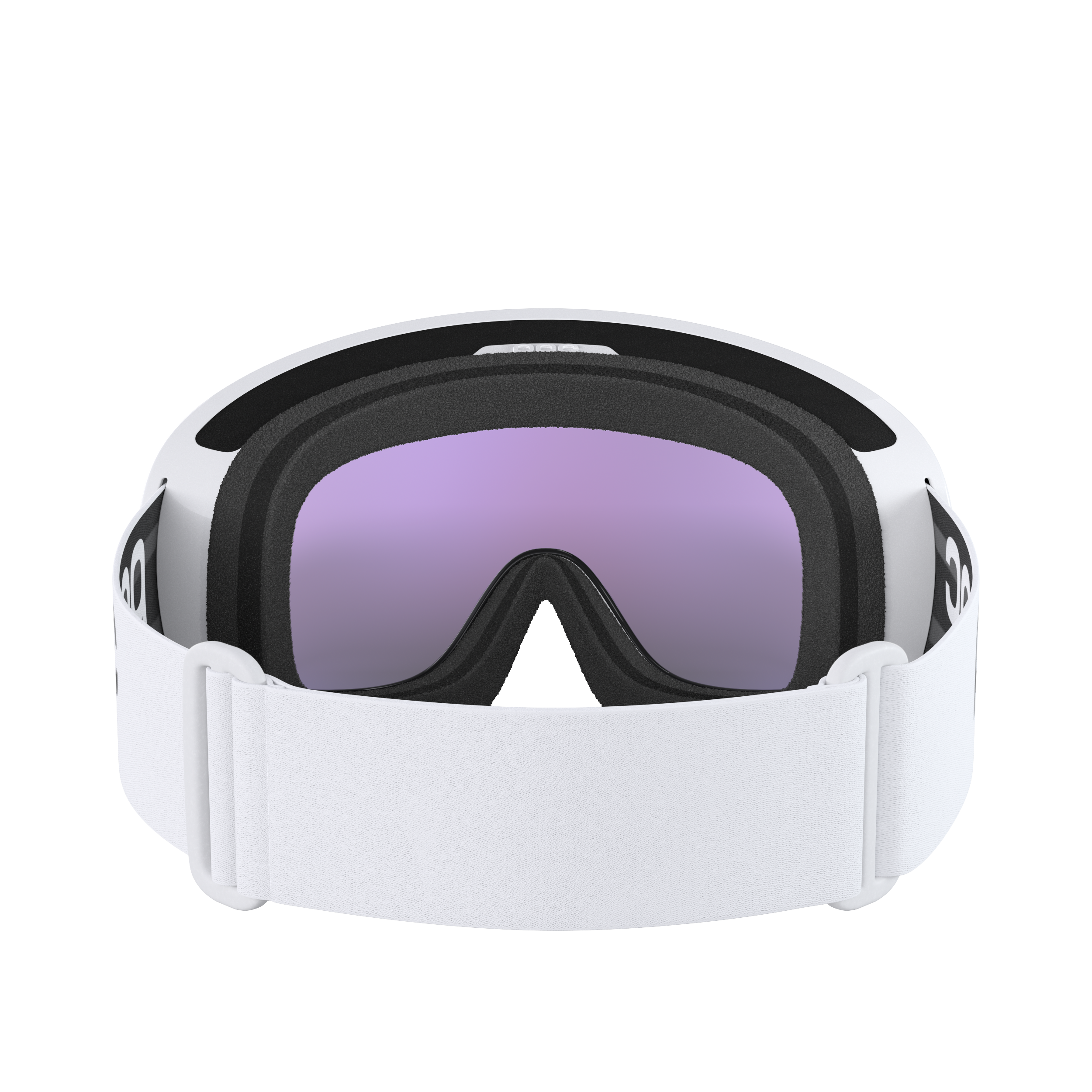 Die POC Sports Fovea Skibrille hat einen weißen Rahmen, lila getönte Clarity-Gläser, eine sichtbare schwarze Schaumstoffpolsterung und ein breites weißes, verstellbares Gummiband.