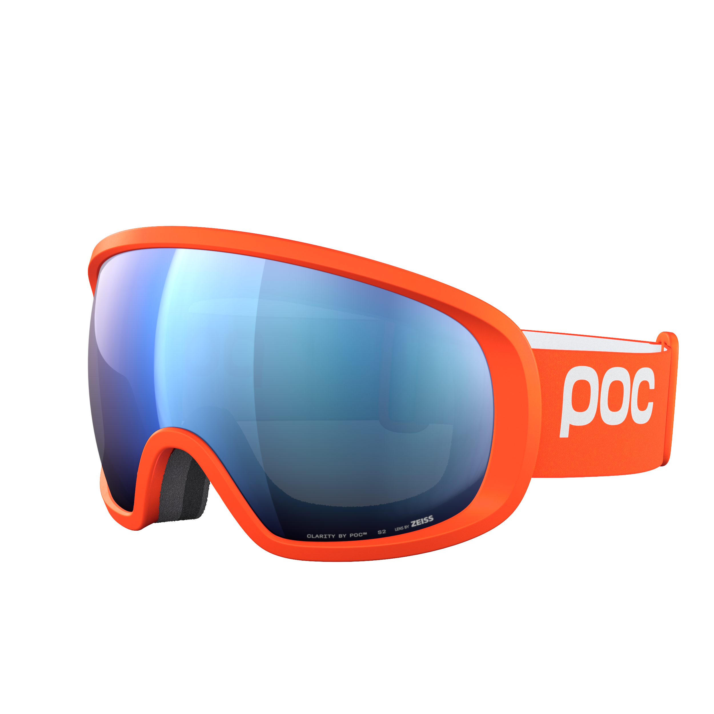 Die POC Sports Fovea Skibrille hat eine breite, reflektierende blaue Clarity-Scheibe und ein elastisches, orangefarbenes Band mit weißem POC-Logo auf weißem Hintergrund.