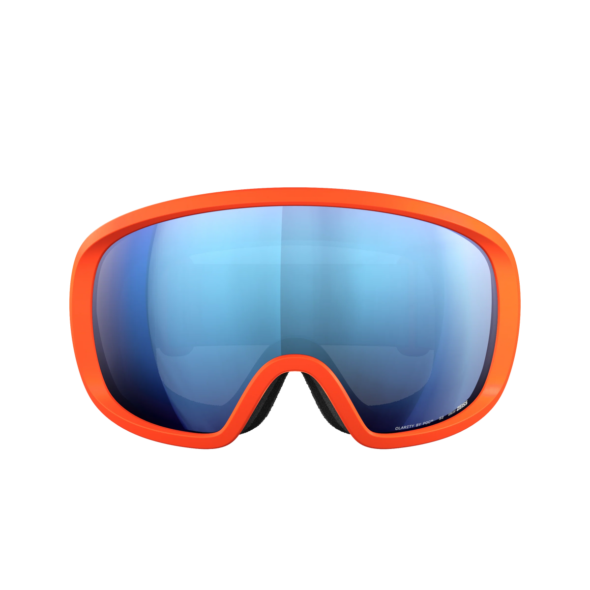 Die POC Sports Fovea Goggles haben einen leuchtend orangefarbenen Rahmen und große, blau getönte, reflektierende Gläser mit Clarity Technology, die vor einem schlichten weißen Hintergrund stehen.