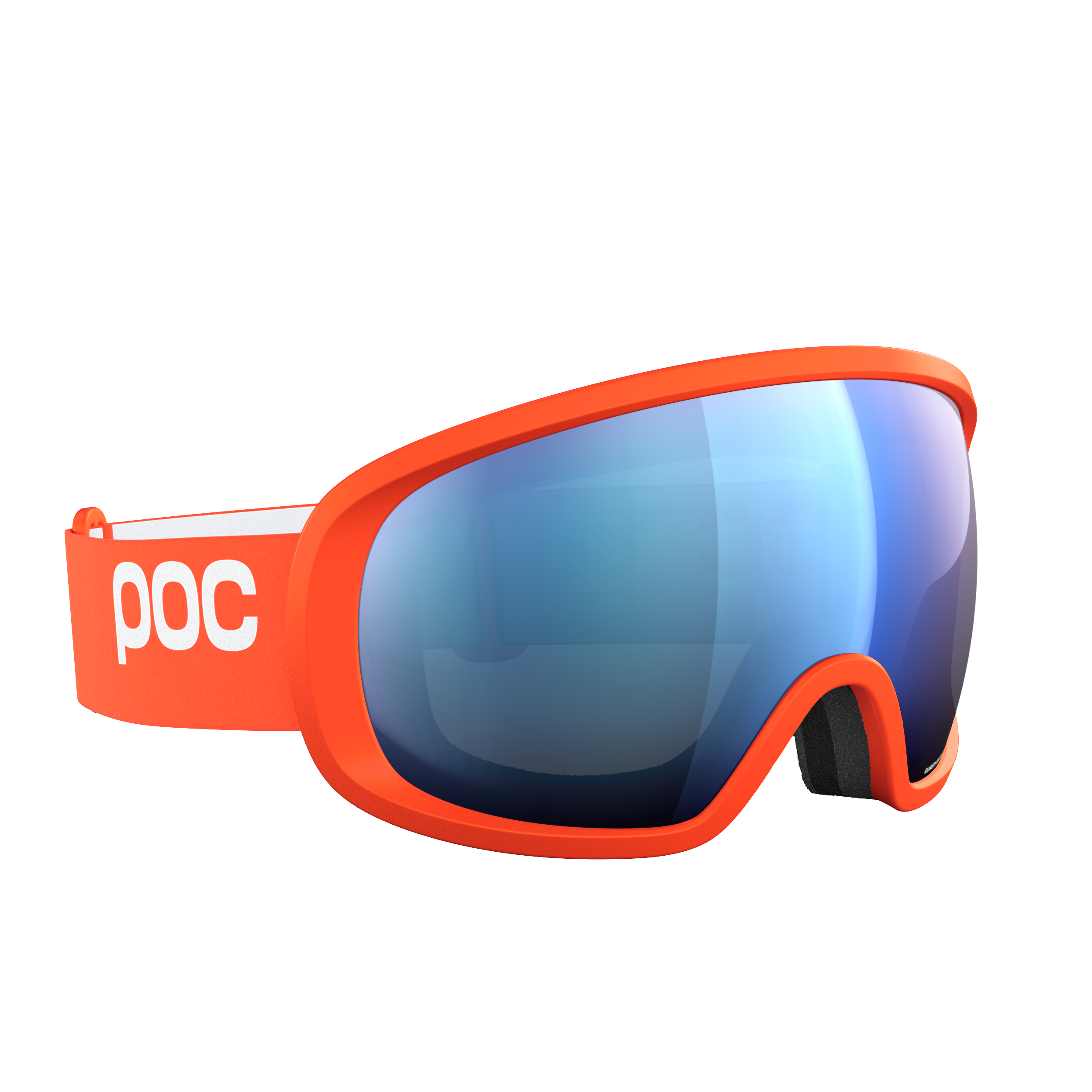 Die POC Sports Fovea Skibrille verfügt über die Clarity-Technologie, eine reflektierende blaue Scheibe und den Schriftzug "poc" in Weiß auf dem verstellbaren Band, das vor einem schlichten weißen Hintergrund steht.