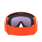 Die POC Sports POC Fovea Skibrille verfügt über ein breites, elastisches, orangefarbenes Band und eine große, leicht lila getönte Scheibe mit Clarity-Technologie, von hinten gesehen mit sichtbarem Band und Polsterung.
