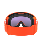 Die POC Sports POC Fovea Skibrille verfügt über ein breites, elastisches, orangefarbenes Band und eine große, leicht lila getönte Scheibe mit Clarity-Technologie, von hinten gesehen mit sichtbarem Band und Polsterung.