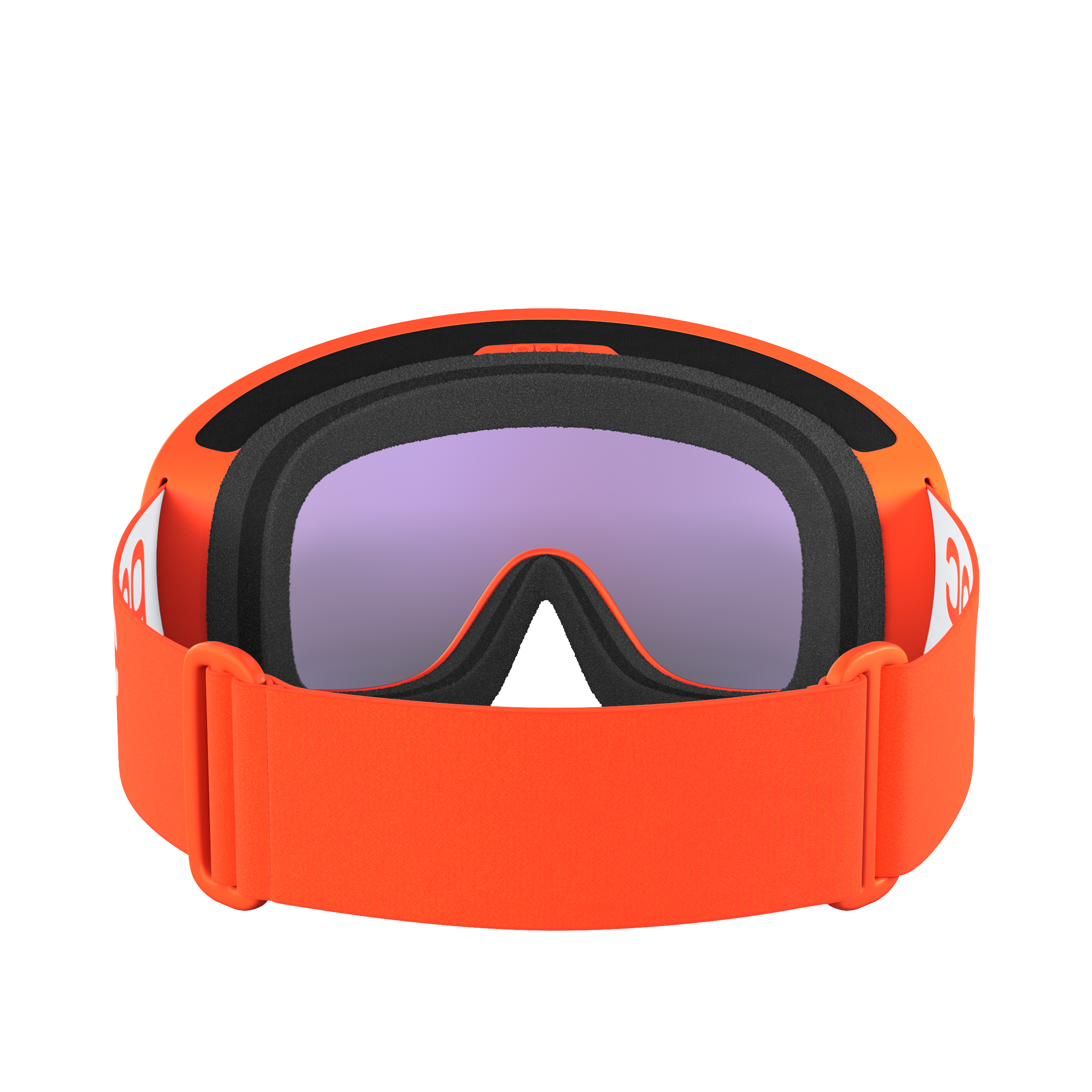 Die POC Sports POC Fovea Skibrille verfügt über ein breites, elastisches, orangefarbenes Band und eine große, leicht lila getönte Scheibe mit Clarity-Technologie, von hinten gesehen mit sichtbarem Band und Polsterung.