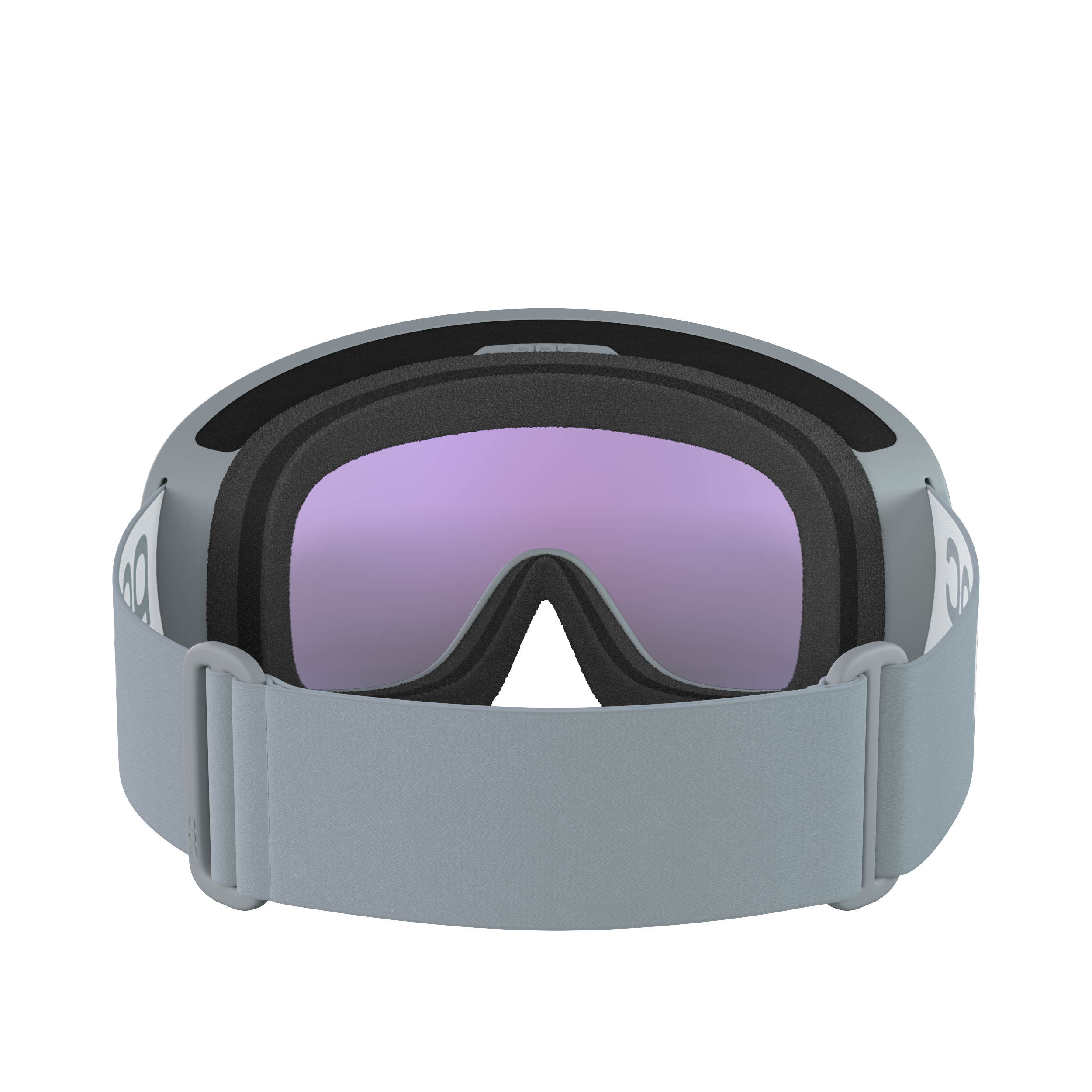 Eine POC Sports POC Fovea Schwimmbrille mit Clarity-Gläsern, hellgrauem Band und lila getönten Gläsern, von hinten mit dem Band nach vorne gezeigt.