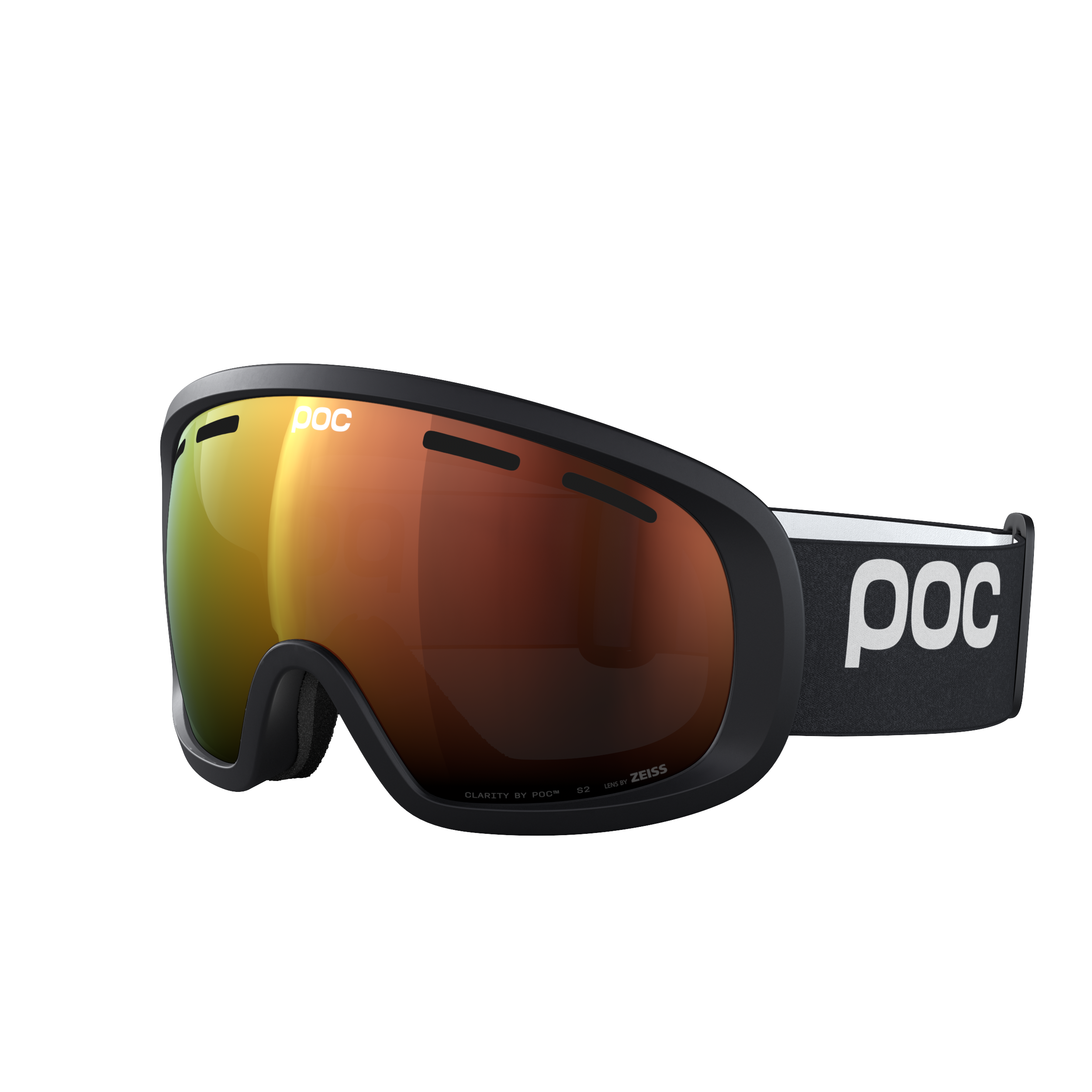 Eine POC Sports Fovea Mid Skibrille mit schwarzem Rahmen, orange getönten torischen, reflektierenden Gläsern und einem verstellbaren schwarzen Band mit weißem POC-Logo.