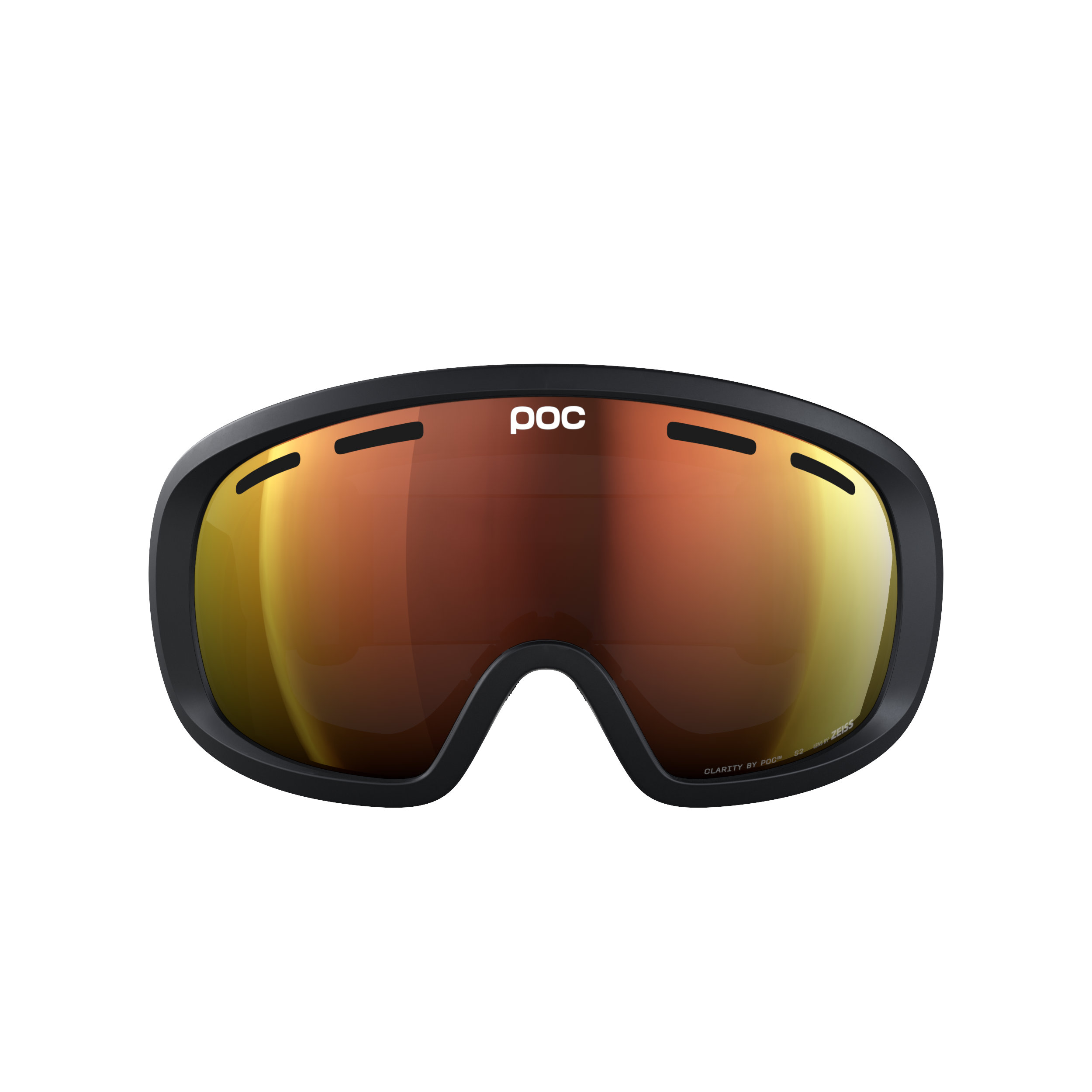 Eine POC Sports Fovea Mid Skibrille mit schwarzem Rahmen und orange-verspiegelten torischen Gläsern, vier Belüftungsöffnungen am oberen Rand, abgebildet auf einem weißen Hintergrund.