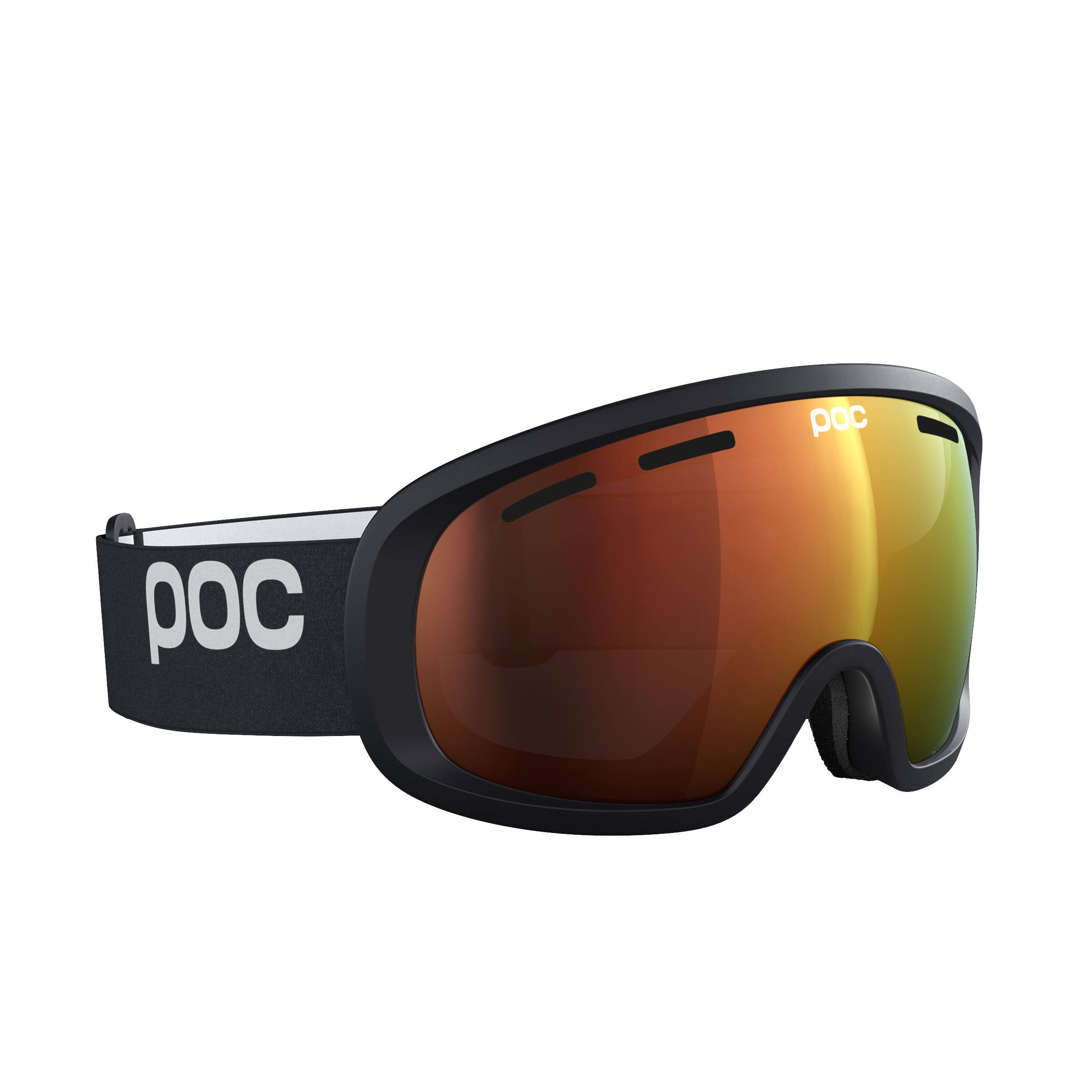 Die POC Sports Fovea Mid Skibrille verfügt über schwarz und orange getönte torische Gläser, ein reflektierendes Finish und ein verstellbares schwarzes Band mit dem weißen POC-Logo auf weißem Hintergrund.