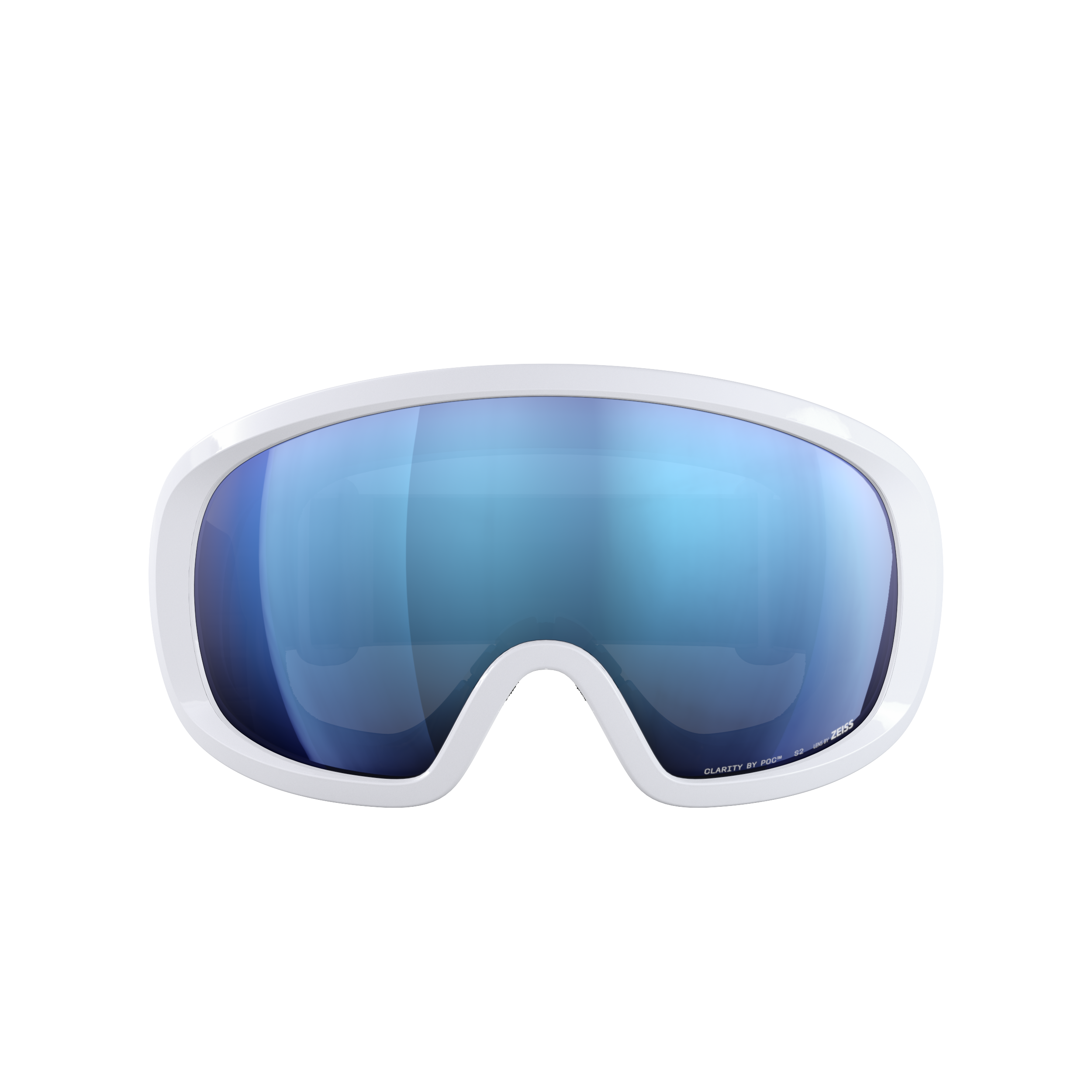 Eine POC Sports Fovea Mid Ski- oder Snowboardbrille mit weißem Rahmen und blauen, reflektierenden Clarity-Gläsern, dargestellt vor einem schlichten weißen Hintergrund.