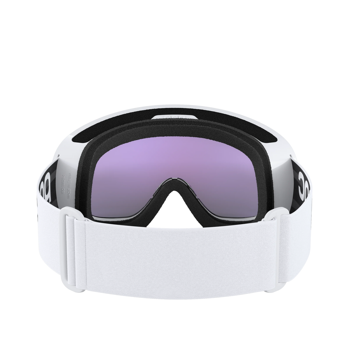 Die POC Sports POC Fovea Mid Skibrille hat ein schwarz-weißes, verstellbares Band, eine lila getönte Toric-Scheibe mit Clarity-Technologie und ist von vorne auf einem schlichten weißen Hintergrund abgebildet.