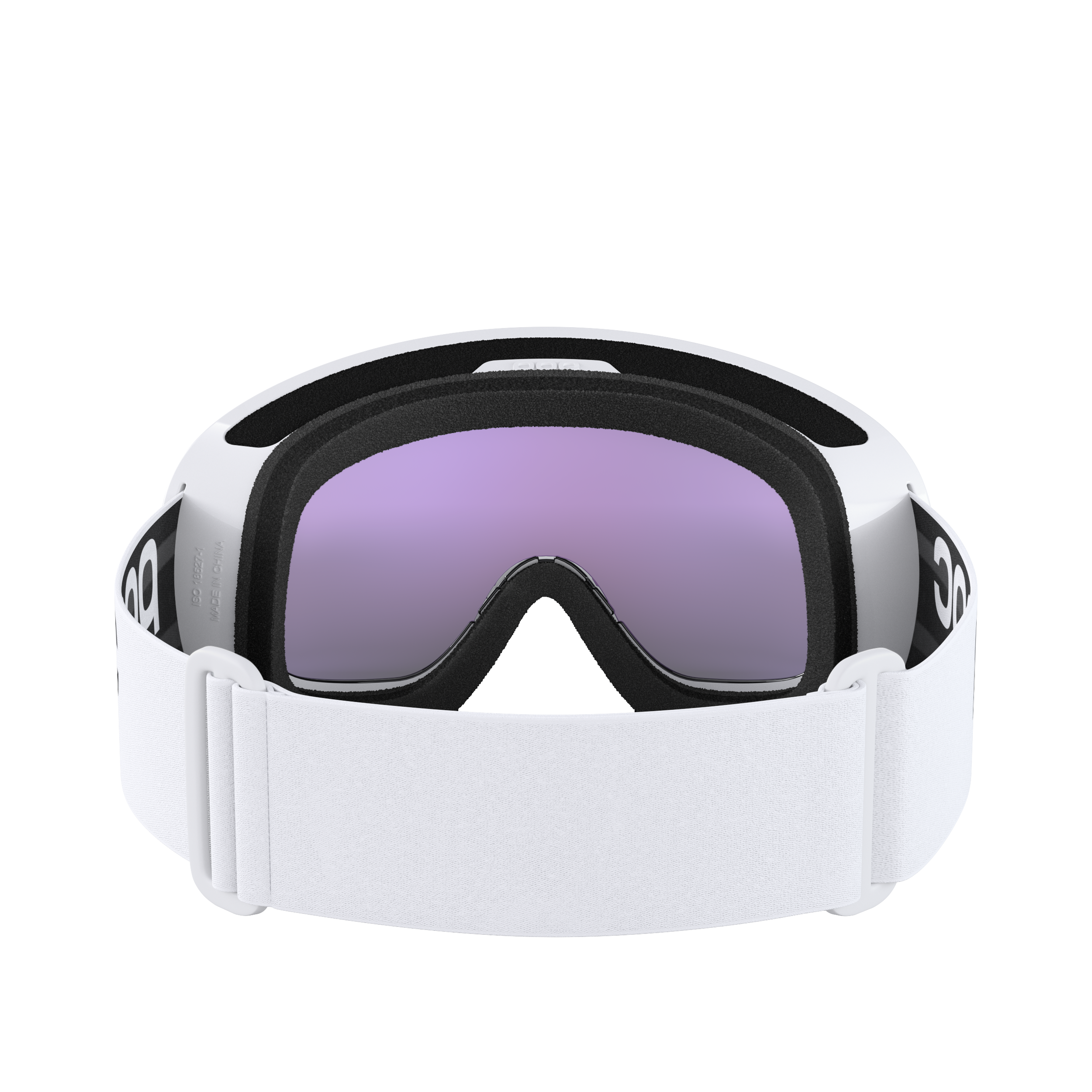 Die POC Sports POC Fovea Mid Skibrille hat ein schwarz-weißes, verstellbares Band, eine lila getönte Toric-Scheibe mit Clarity-Technologie und ist von vorne auf einem schlichten weißen Hintergrund abgebildet.