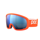 Die POC Fovea Mid Skibrille von POC Sports verfügt über einen leuchtend orangefarbenen Rahmen, breite blau getönte Clarity-Gläser und ein orangefarbenes Band mit weißem "POC"-Logo und bietet ein modernes, stromlinienförmiges Design für hervorragende Sicht auf der Piste.