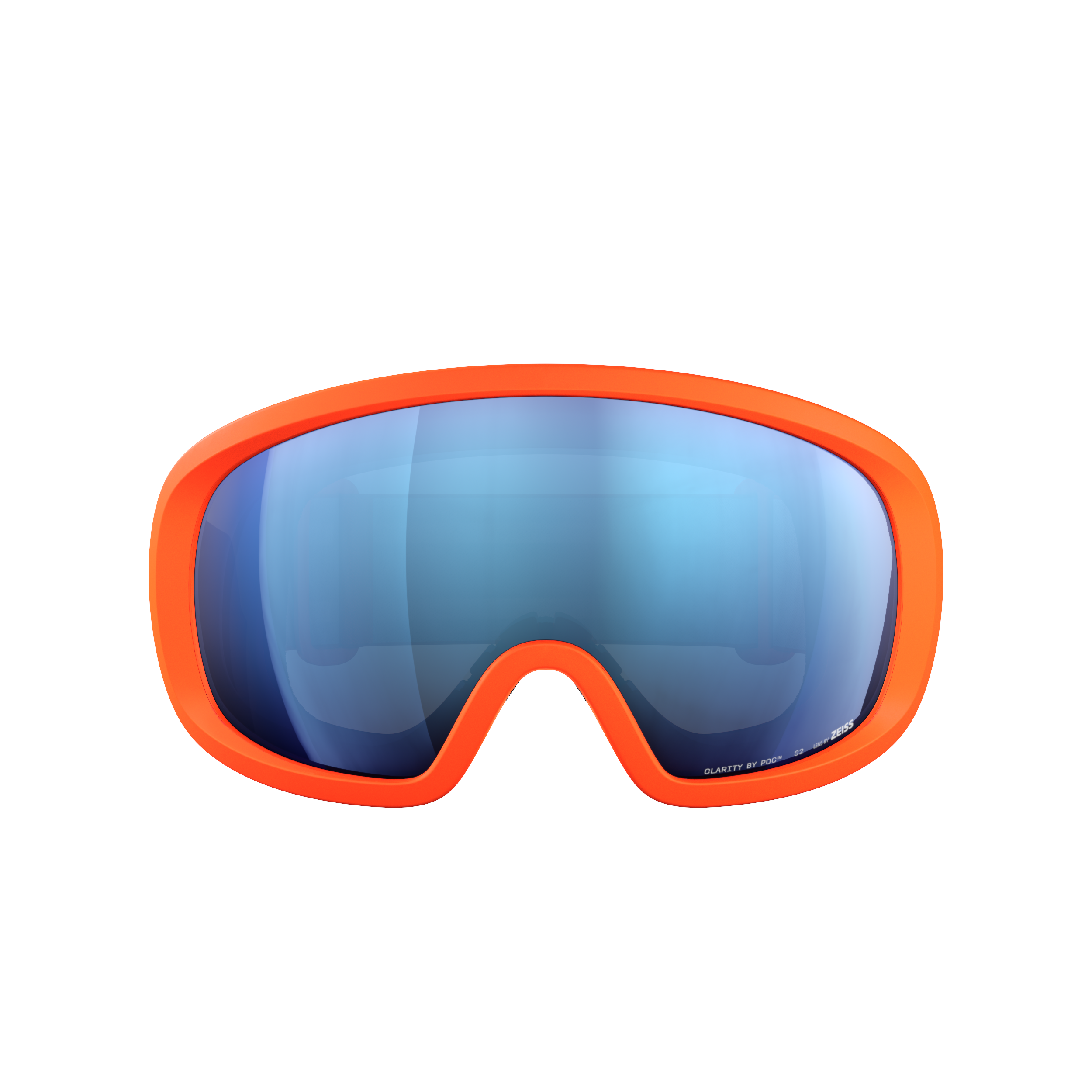 POC Sports Fovea Mid Skibrille mit orangefarbenem Rahmen und blauen, reflektierenden Clarity Technology Gläsern, abgebildet auf einem einfarbig weißen Hintergrund.