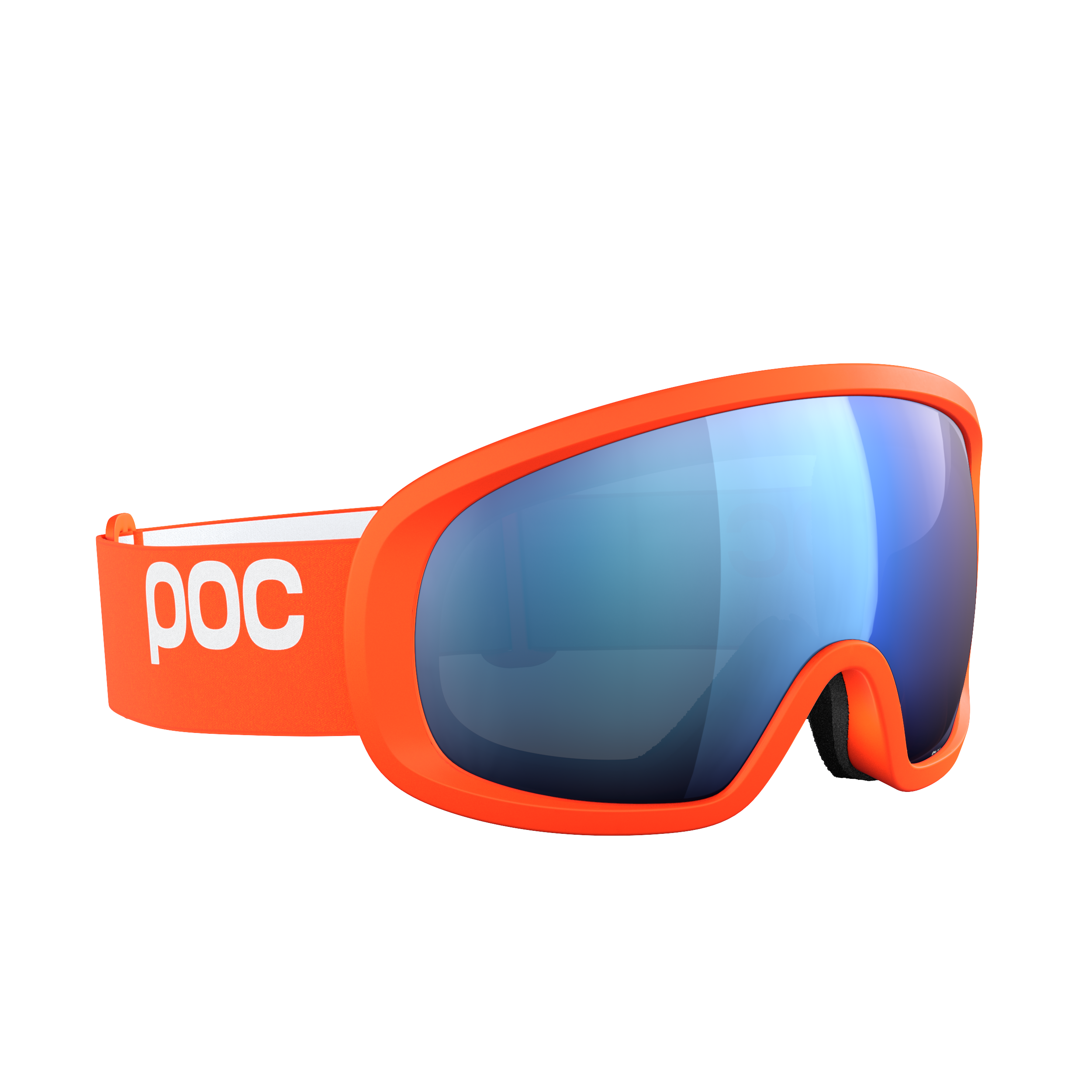 Die POC Fovea Mid von POC Sports ist eine leuchtend orangefarbene Skibrille mit einer breiten, blau getönten Clarity-Scheibe und einem verstellbaren Band mit weißem POC-Logo auf weißem Hintergrund.