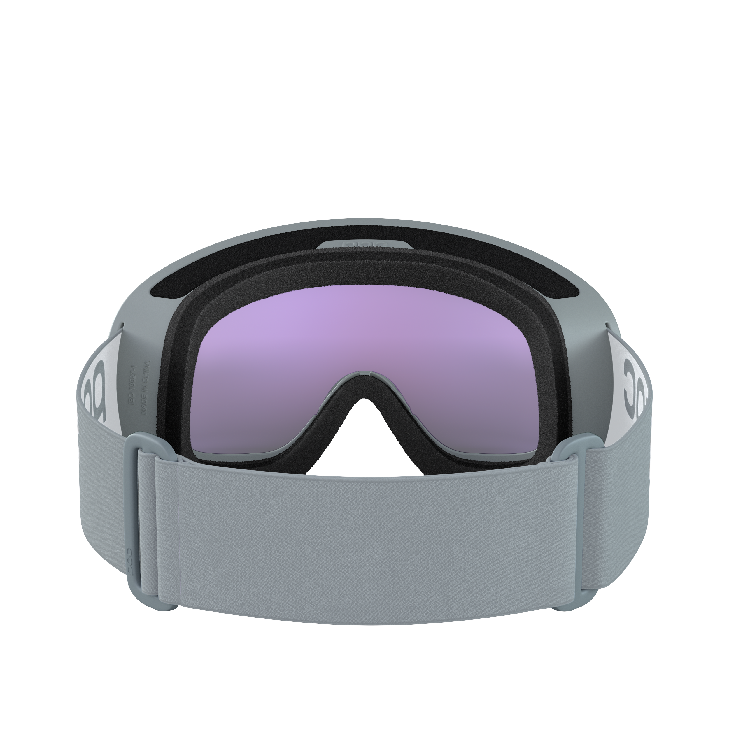 Eine POC Sports Fovea Mid Skibrille mit einem Rahmen und Band in Granite Grey, mit einer großen, reflektierenden, lila getönten Clarity-Scheibe, von hinten gezeigt, wobei das Band sichtbar ist.