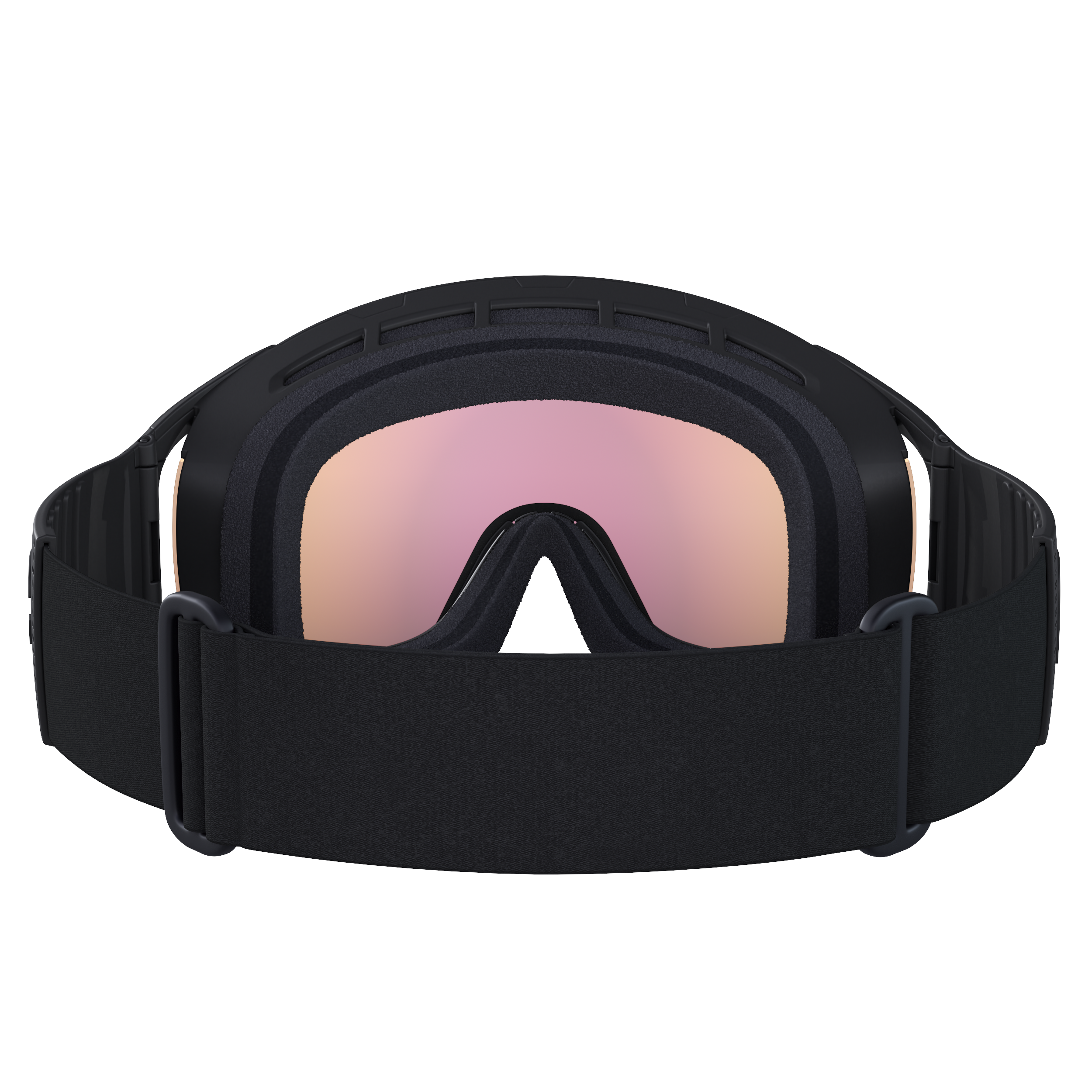 Die POC Sports Zonula Skibrille verfügt über Clarity-Gläser, ein breites verstellbares Band und rosa getönte Gläser. Der Nasensteg und die Schaumstoffpolsterung sorgen für Komfort und ein weites Sichtfeld (von hinten gesehen).