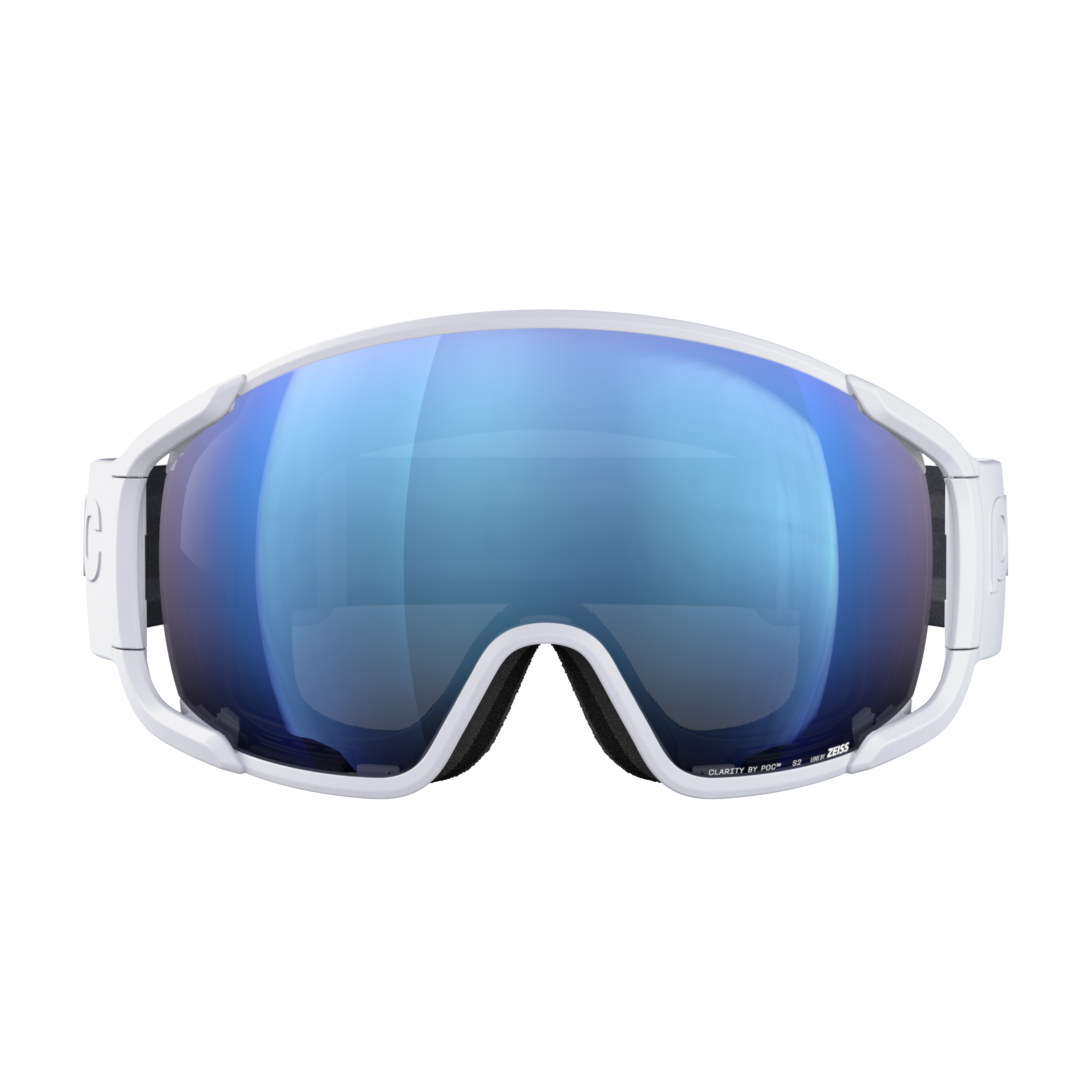 Die POC Sports Zonula Skibrille verfügt über Clarity-Gläser, einen weißen Rahmen und ein großes, blau getöntes, reflektierendes Glas, das nach vorne gerichtet ist und auf einem schlichten weißen Hintergrund steht.