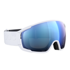 Die POC Sports Zonula Skibrille verfügt über breite, verspiegelte blaue Clarity-Gläser, ein schwarzes Innenfutter und ein verstellbares weißes Band mit geprägtem Branding, das auf einem schlichten weißen Hintergrund dargestellt ist.