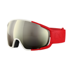 Eine POC Sports Zonula Skibrille mit reflektierenden Clarity-Gläsern, weißem Rahmen und rotem, verstellbarem Band mit POC-Logo.