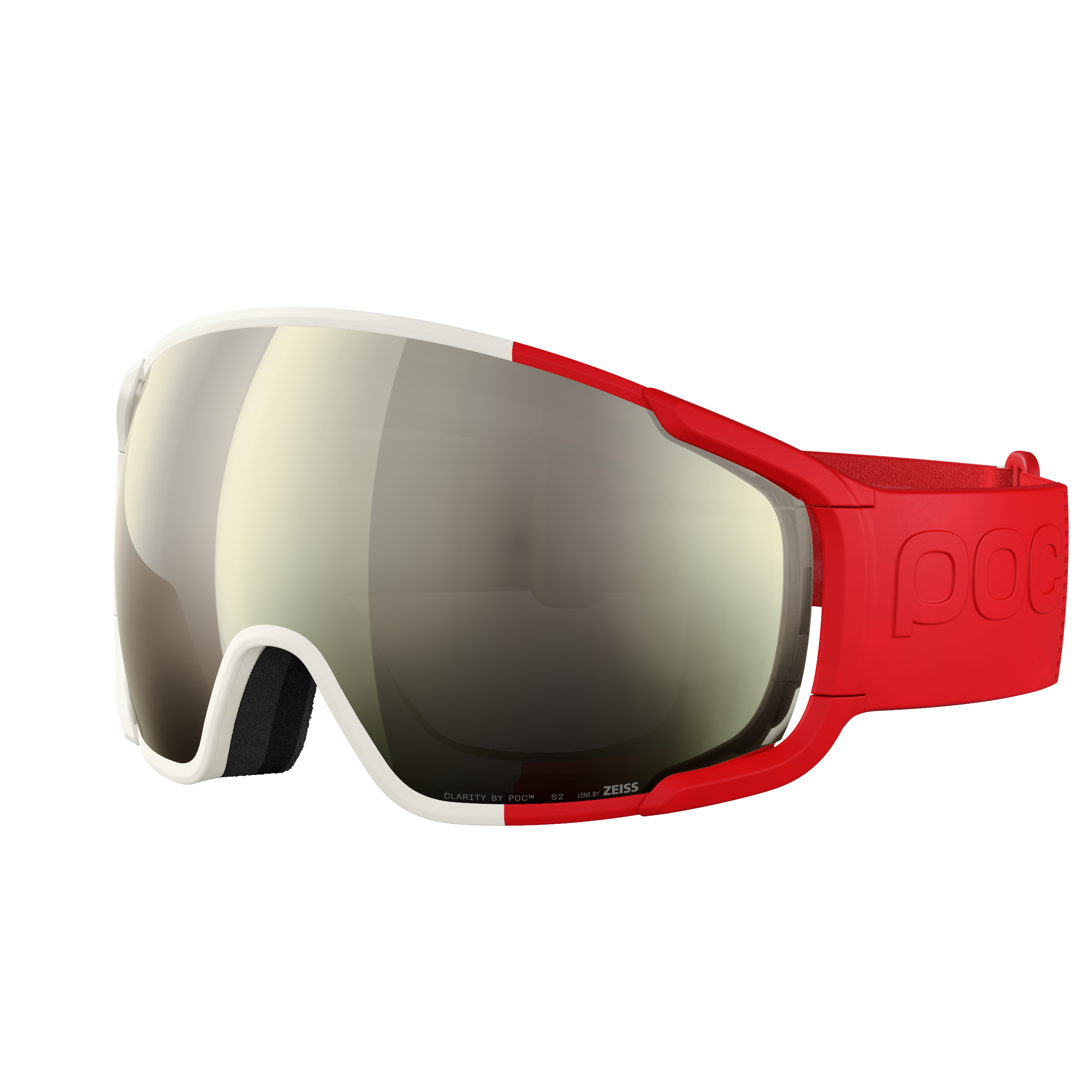 Eine POC Sports Zonula Skibrille mit reflektierenden Clarity-Gläsern, weißem Rahmen und rotem, verstellbarem Band mit POC-Logo.
