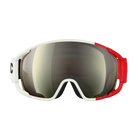 POC Zonula von POC Sports: Skibrille mit Clarity-Gläsern, einem reflektierenden weißen Rahmen mit roten Akzenten und einem schwarzen Band mit weißen und schwarzen Details.