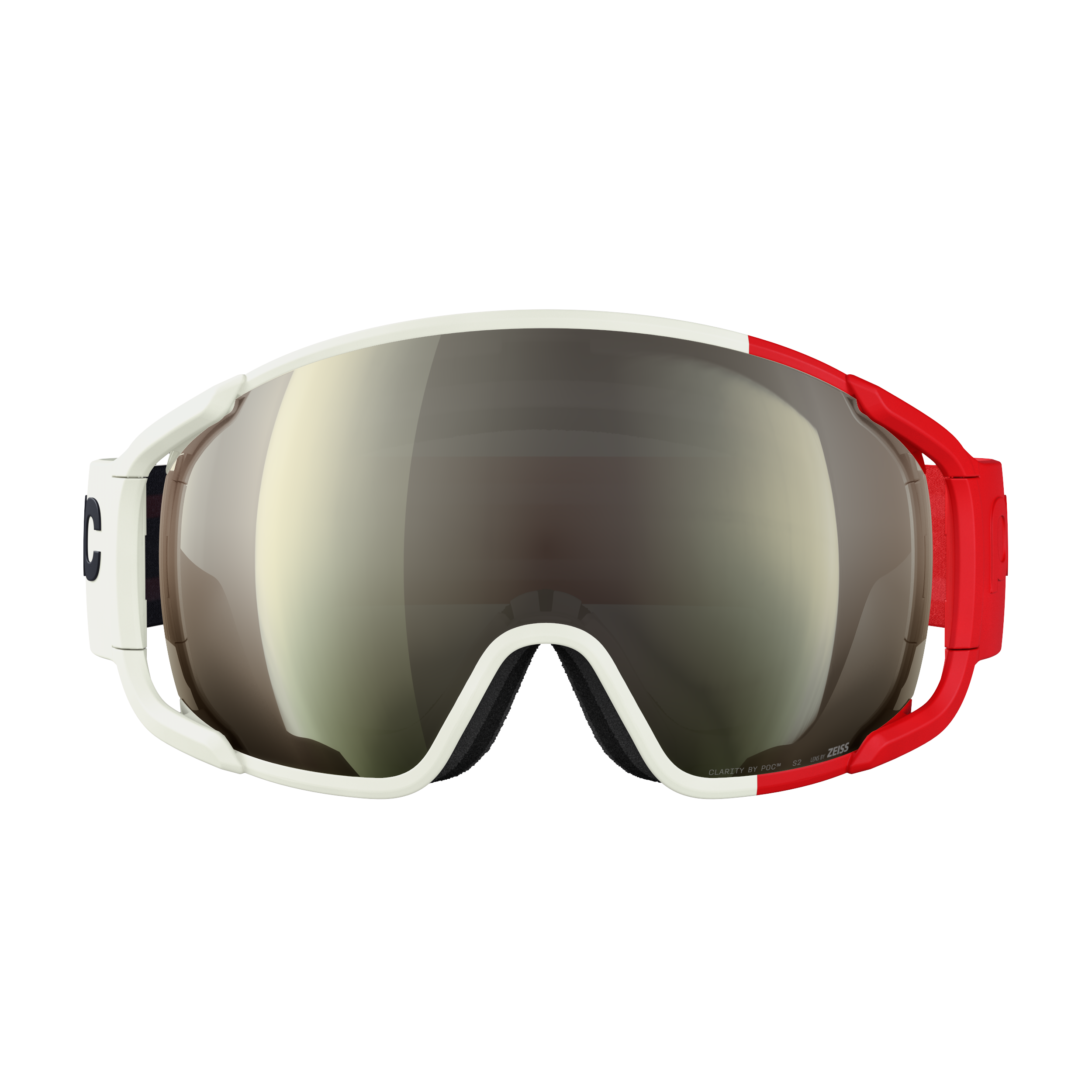 POC Zonula von POC Sports: Skibrille mit Clarity-Gläsern, einem reflektierenden weißen Rahmen mit roten Akzenten und einem schwarzen Band mit weißen und schwarzen Details.