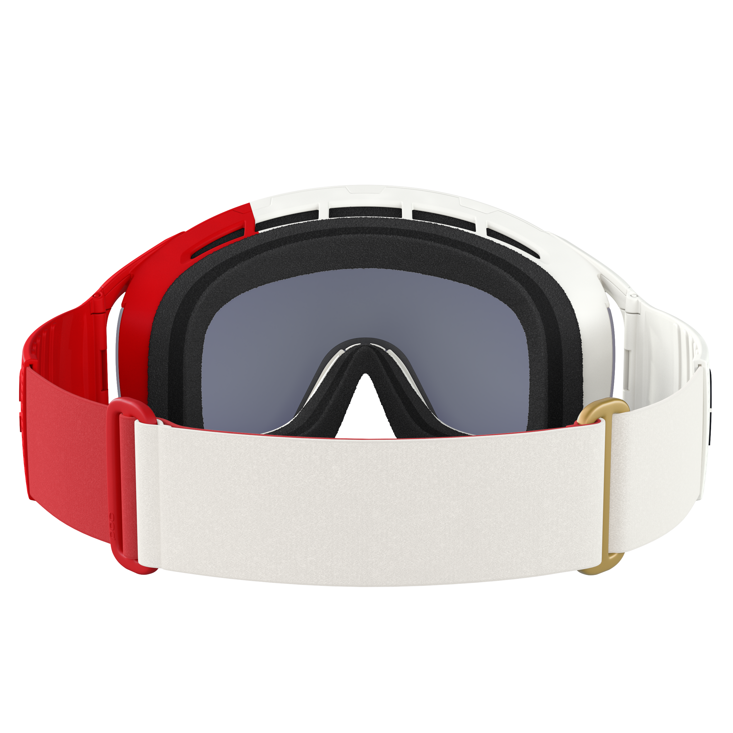 Ein Paar POC Sports POC Zonula Skibrillen mit verstellbarem rot-weißem Band, schwarzer Schaumstoffpolsterung und dunkel getönten Clarity-Gläsern, von hinten gesehen.