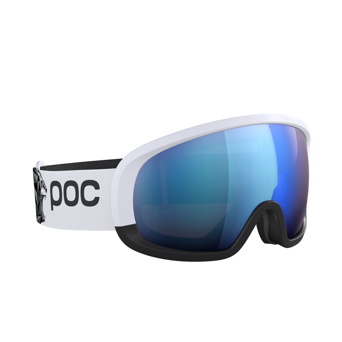 POC Fovea Mid Race Marco Odermatt Ed. – Seitenansicht mit blau getönter Scheibe und weißem Band.