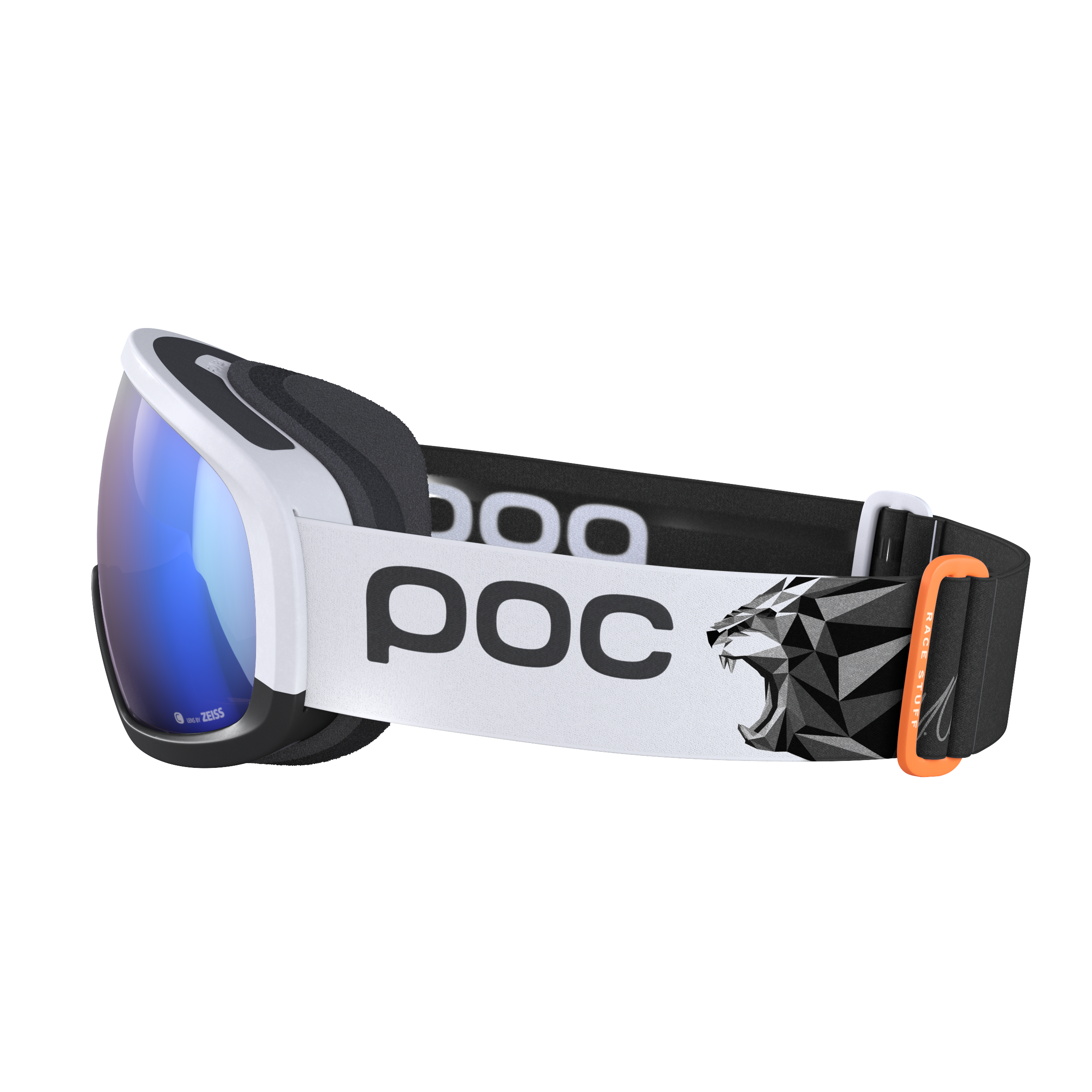 Die POC Sports Fovea Mid Race Marco Odermatt Ed. ist eine Skibrille mit blau reflektierenden Gläsern, weißem/schwarzem Rahmen, weißem Band mit POC-Logo und geometrischem schwarzem Löwenkopf - perfekt für Skirennsportler.