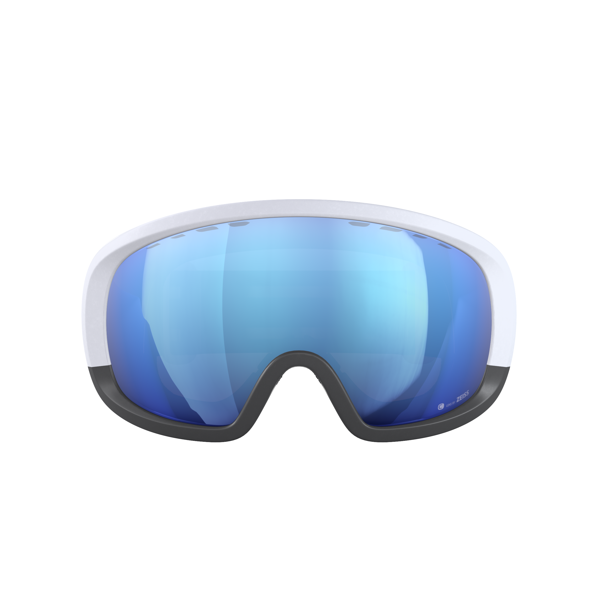 Frontansicht der POC Sports Fovea Mid Race Marco Odermatt Ed. Skibrille mit reflektierenden blauen Gläsern, weißem Rahmen und schwarzem unteren Rand vor einem schlichten weißen Hintergrund.