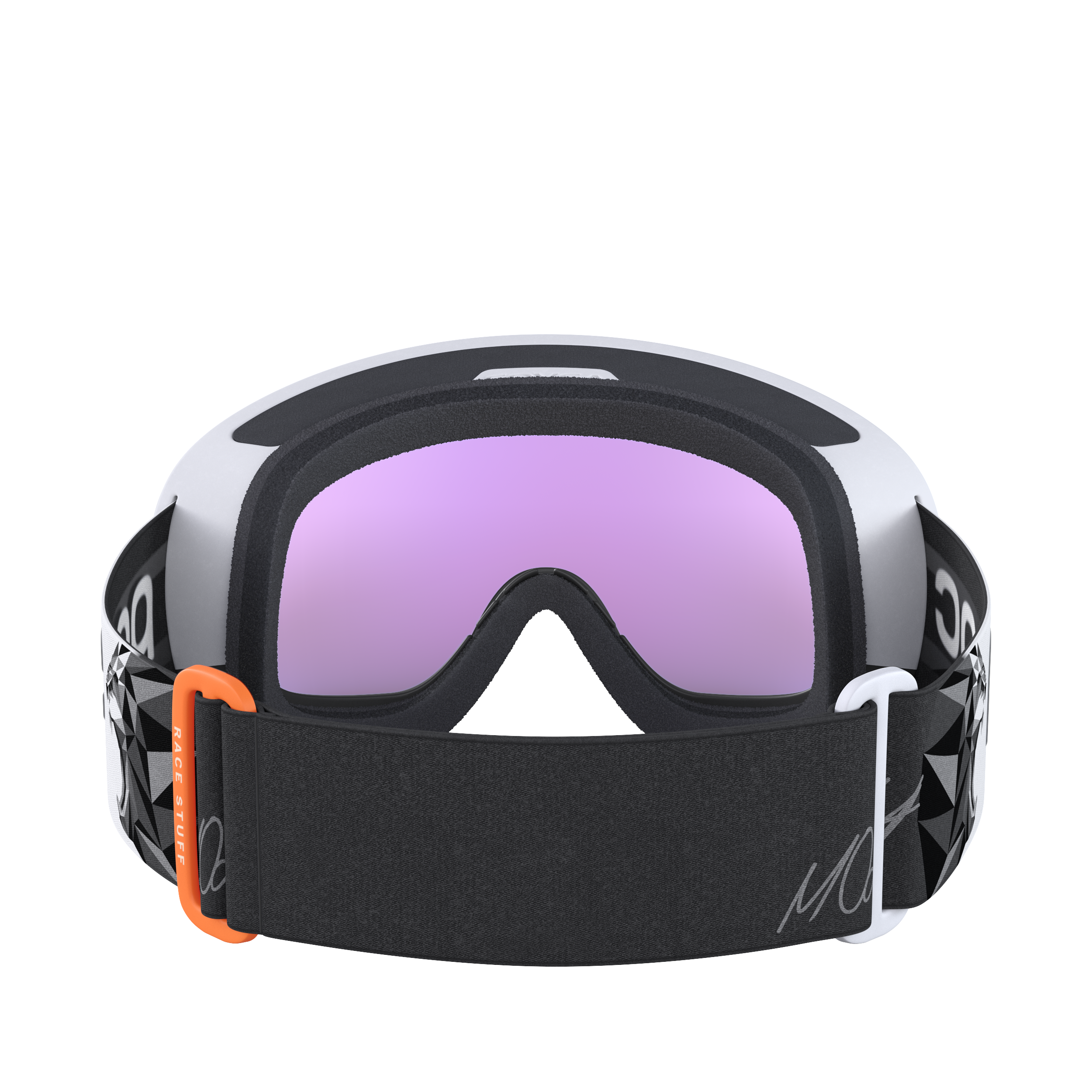 Eine schwarz-weiße Skibrille mit lila getönten Gläsern, von hinten gesehen. Das elastische Band hat einen weißen Schriftzug und einen orangefarbenen Akzent auf einer Seite - das ist die Fovea Mid Race Marco Odermatt Ed von POC Sports.
