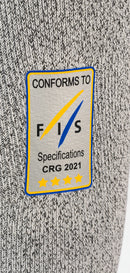 Die Diston DISTON WC Cut Resistant Unterhose Women - 4FIS Stars in CRG - CORE / Racing Fit zeichnet sich durch grauen Strickstoff, einen rechteckigen CONFORMS TO FIS Specifications CRG 2021 Aufnäher, vier gelbe Sterne und stilisierte blau/gelbe Linien aus - ideal für Rennläuferinnen.