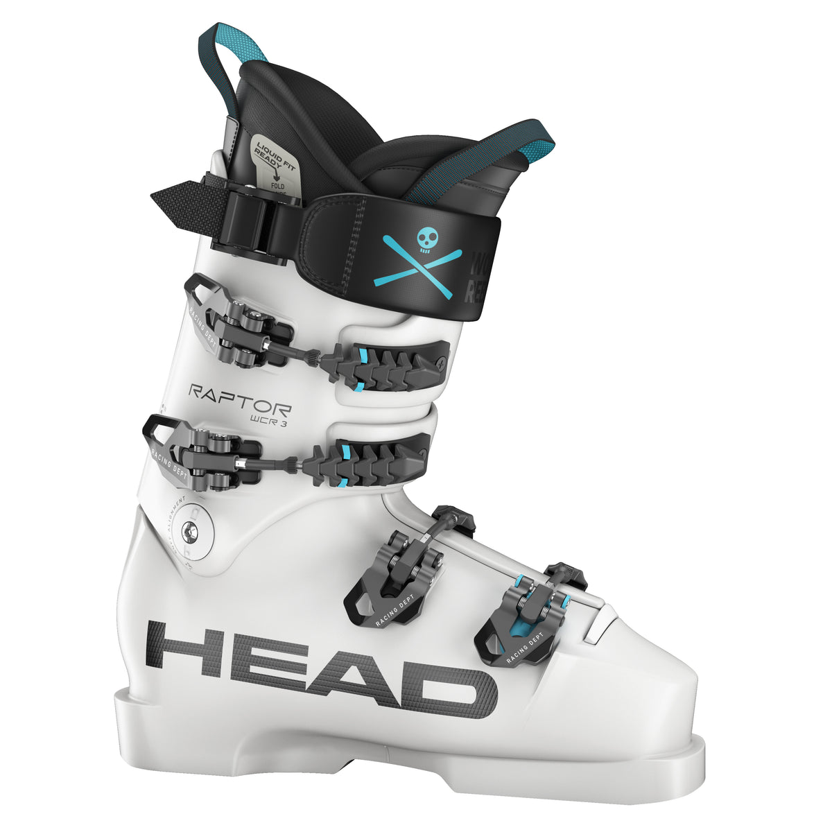 Der weiße Head Raptor WCR 3 Skischuh verfügt über schwarze und blaue Akzente, vier Schnallen, Flex Performance Tuning, einen dicken schwarzen Riemen, HEAD Branding und eine Totenkopfgrafik für einen kantigen Look.