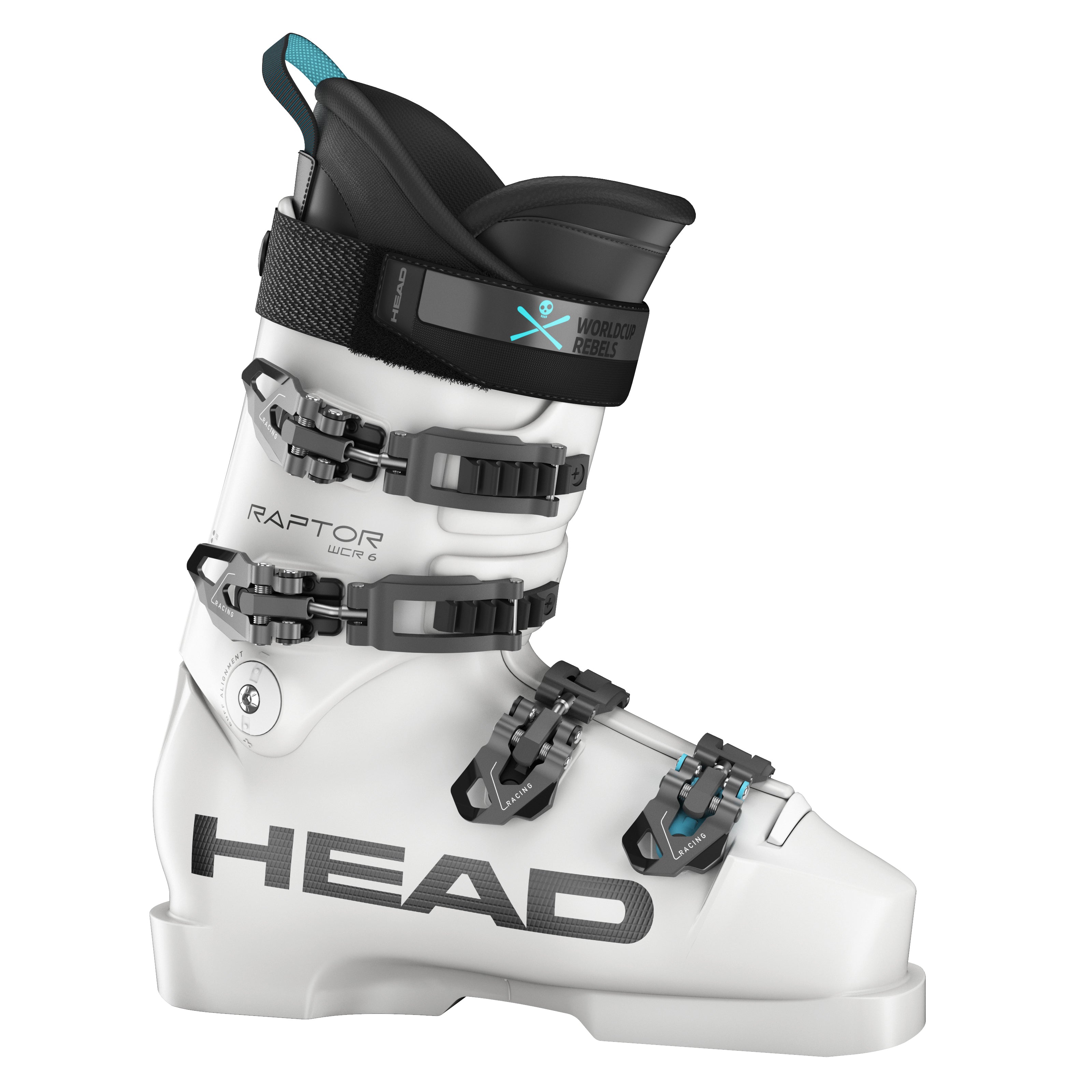 Der Head Raptor WCR 6 SC ist ein weißer Alpin-Skischuh mit schwarzen und grauen Schnallen, einem schwarzen oberen Riemen und einem auffälligen HEAD-Branding an der Seite, wobei der Modellname im Knöchelbereich sichtbar ist.
