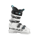 Der Head Raptor WCR 70 ist ein weißer Skischuh mit schwarzen Schnallen, einer schwarzen Manschette, tealfarbenen Akzenten und einem auffälligen HEAD-Branding - ideal für junge Rennfahrer, die auf der Suche nach einer Top-Performance bei Skirennschuhen sind.