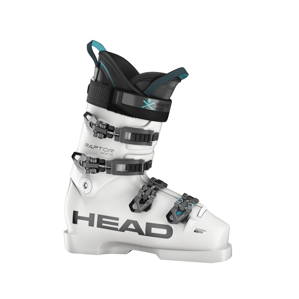 Der Head Raptor WCR 70 ist ein weißer Skischuh mit schwarzen Schnallen, einer schwarzen Manschette, tealfarbenen Akzenten und einem auffälligen HEAD-Branding - ideal für junge Rennfahrer, die auf der Suche nach einer Top-Performance bei Skirennschuhen sind.