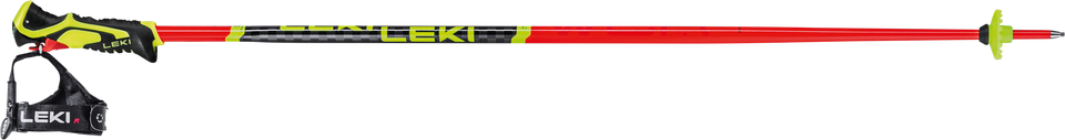 Der LEKI WCR Lite SL Rot, ein leichter Leki Slalom-Skistock mit schwarz-gelbem Griff, verstellbarer Schlaufe, rotem Schaft und kleinem lindgrünen Korb, sorgt für maximale Präzision - ideal für Nachwuchsrennläufer.