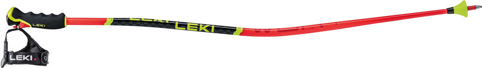 Der LEKI WCR Lite GS - Leichter Riesenslalom-Stock für maximale Kontrolle von Leki ist in den Farben rot und gelb mit gebogenem Schaft, schwarzem Griff und verstellbarer Handschlaufe auf weißem Grund abgebildet.