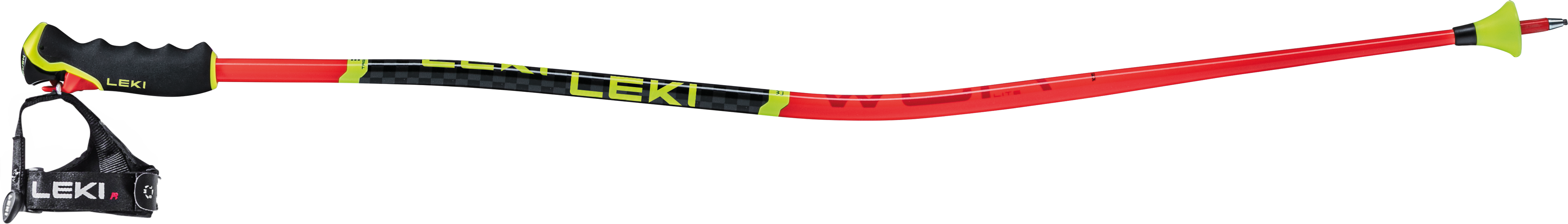 Ein rot-gelber Leki WCR lite GS-Skistock mit schwarzem ergonomischem Trigger 3D Pro G-Griff, verstellbarer Schlaufe, Aluminiumschaft und markanter Riesenslalom-Biegung von Leki, abgebildet vor einem schlichten Hintergrund.