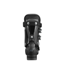 Ein schwarzer Nordica DOBERMANN GP 60 Junior-Skischuh wird von hinten gezeigt, mit Metallschnallen, einer gepolsterten Manschette und einem Nylonriemen an der Spitze, vor einem schlichten weißen Hintergrund.