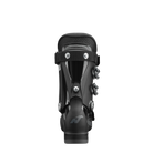 Ein schwarzer Nordica DOBERMANN GP 60 Junior-Skischuh wird von hinten gezeigt, mit Metallschnallen, einer gepolsterten Manschette und einem Nylonriemen an der Spitze, vor einem schlichten weißen Hintergrund.