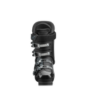 Vorderansicht des Nordica DOBERMANN GP 60 Junior-Skischuhs von Nordica in schwarzem Design mit vier Metallschnallen und einer gepolsterten Manschette, dargestellt auf einem schlichten weißen Hintergrund.