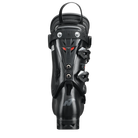 Ein schwarzer Nordica-Skischuh, der DOBERMANN 5 RD-SOFT L.C., wird von vorne gezeigt, mit verstellbaren Schnallen, einem oberen Riemen, strukturiertem Finish und dem Nordica-Logo in der Nähe der Schuhspitze.