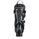Der Nordica Dobermann 5 S (Stiff) Black Skischuh, von vorne gesehen, verfügt über mehrere Einstellmöglichkeiten, Schnallen, einen oberen Riemen und ein schlankes, modernes Design mit dezenten roten und silbernen Akzenten.