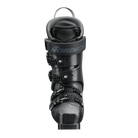 Der Nordica DOBERMANN 5 RD-SOFT L.C. BLACK Skischuh steht aufrecht vor einem weißen Hintergrund und verfügt über mehrere Schnallen und eine gepolsterte Manschette für einen sicheren und bequemen Halt.