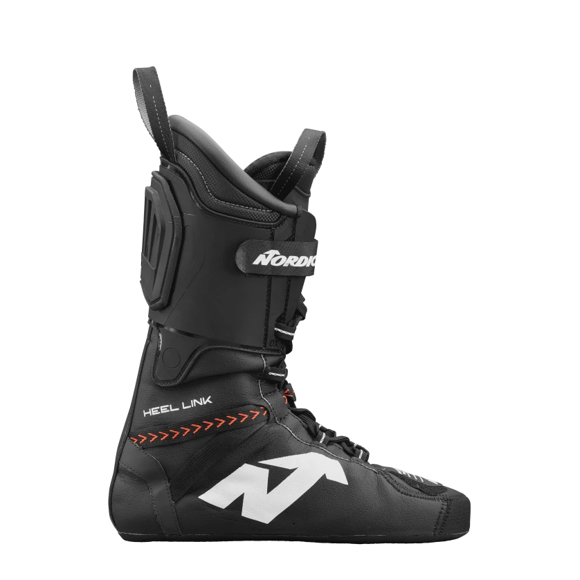 Der Nordica DOBERMANN 5 RD-SOFT L.C. BLACK Skischuh-Innenschuh ist in der Seitenansicht mit einem weißen Nordica-Logo, roten HEEL LINK-Nähten, schwarzen Schnürsenkeln, einer stützenden Polsterung im Knöchelbereich und einer oberen Schlaufe dargestellt.