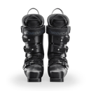 Ein Paar Nordica DOBERMANN 5 RD-S (STIFF) BLACK Skischuhe steht aufrecht und nach vorne gerichtet vor einem weißen Hintergrund - ideal für leistungsorientierte Skifahrer, die einen Eliteskischuh auf Weltcup-Niveau mit mehreren Schnallen und Riemen suchen.