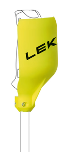 Der Leki Gate Guard Open, ein leuchtend gelber Skistockschutz von Leki, lässt sich leicht für das Slalomtraining anbringen und zeigt den Markennamen in Schwarz mit einer einfachen schwarzen Handschuhkontur im Hintergrund.