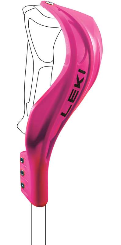 Der Leki Gate Guard Closed Worldcup Compact, ein leuchtend neonpinker Schlagschutz für Skistöcke, ist an der Vorderseite des Stocks angeschraubt. Ein schwacher Umriss des gesamten Stocks erscheint im Hintergrund und hebt dieses herausragende Leki-Produkt hervor.